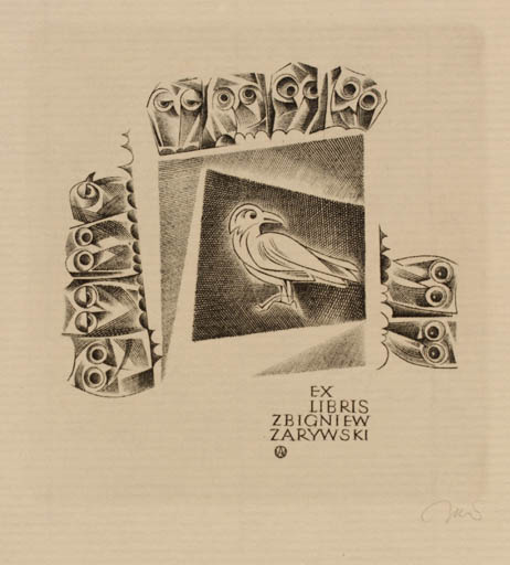 Exlibris by Wojciech Jakubowski from Poland for Zbigniew Zarywski - Bird Owl 