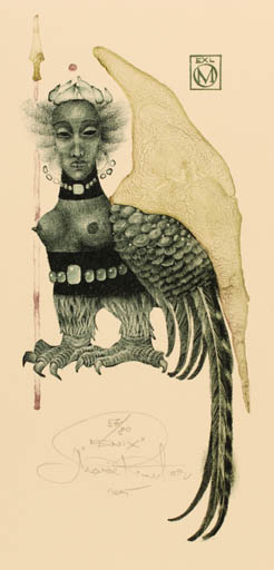 Exlibris by Marina Richter from Czech Republic for O. M - Fable Animal Bird Phoenix 