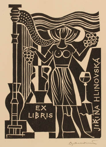 Exlibris by Dusan Janousek from Czechoslovakia for Jirina Hlinovsky - Fruit Woman Music Wine 