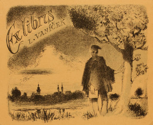 Exlibris by J Mehelka from Czechoslovakia for Lub. Vanicek - Book Scenery/Landscape Man Tree 