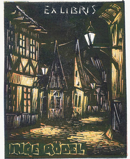Exlibris by Kàroly Andrusko from Yugoslavia for Inge Rödel - City 