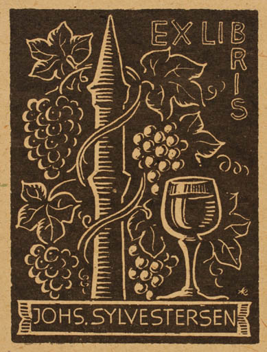 Exlibris by Jenö Kertes-Kollmann from Hungary for Johs. Sylvestersen - Wine 