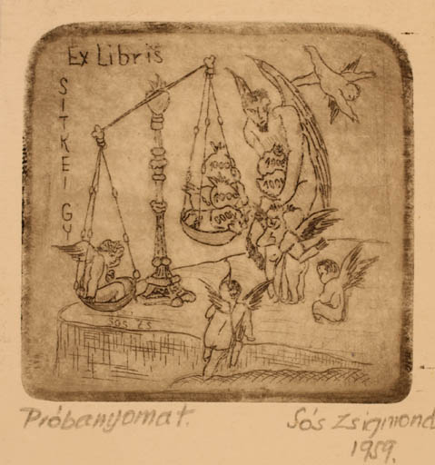 Exlibris by Siegmund Sos from Hungary for Gy Sitkei - Angel 